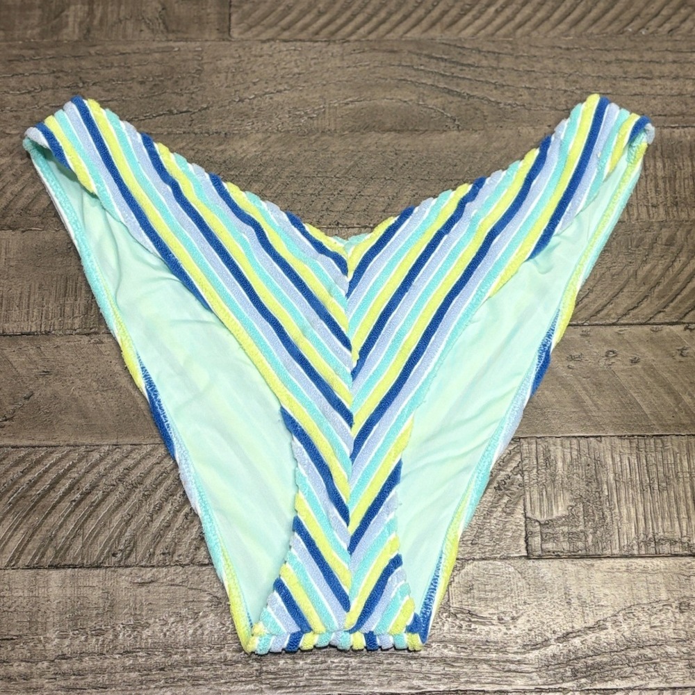 Aerie Cheeky Coquine Bikini Bottom XL Blue Green Striped Terrycloth